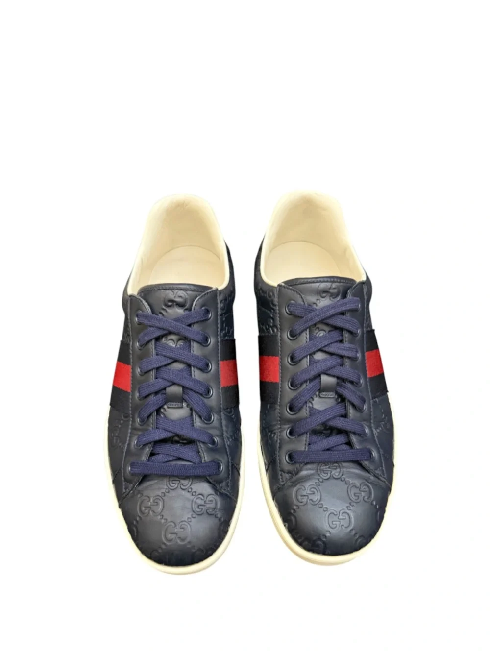 GUCCI - NAVY BLUE ALL LEATHER EMBOSSED MONOGRAM “ACE GG SUPREME” SNEAKERS